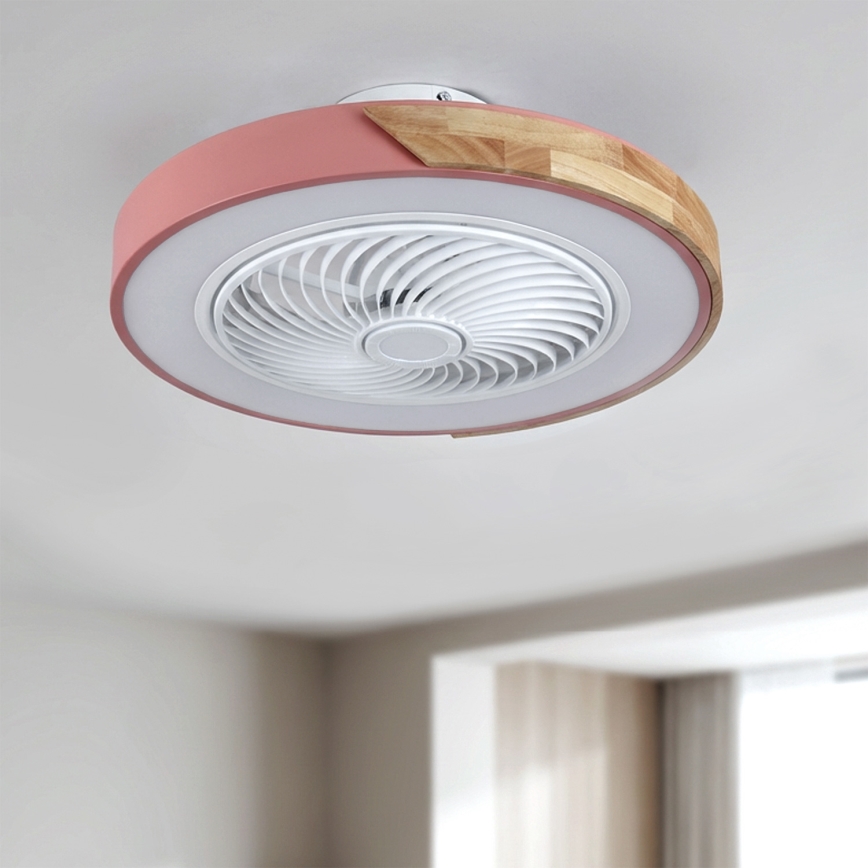 Brilagi - LED-dæmpbar loftlampe med ventilator, LED 38W, 230V, 3000–6500K, Ø 50 cm, rosa/eg + fjernbetjening