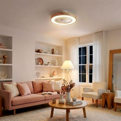 Brilagi - LED-dæmpbar loftlampe med ventilator, LED 38W, 230V, 3000–6500K, Ø 50 cm, rosa/eg + fjernbetjening