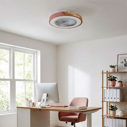 Brilagi - LED-dæmpbar loftlampe med ventilator, LED 38W, 230V, 3000–6500K, Ø 50 cm, rosa/eg + fjernbetjening