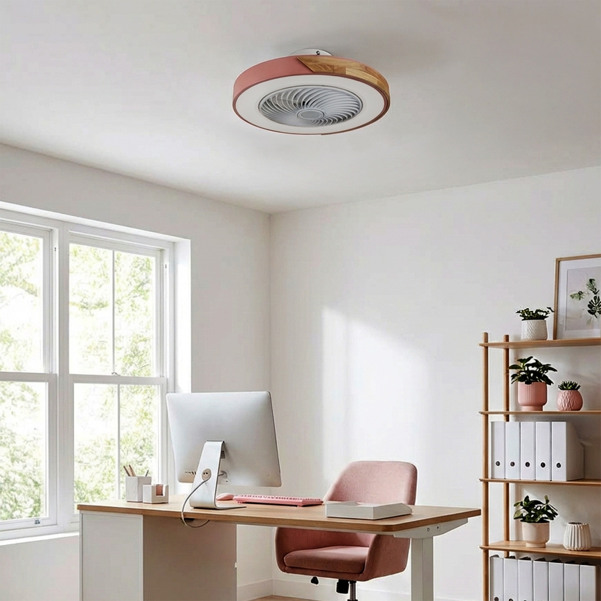 Brilagi - LED-dæmpbar loftlampe med ventilator, LED 38W, 230V, 3000–6500K, Ø 50 cm, rosa/eg + fjernbetjening