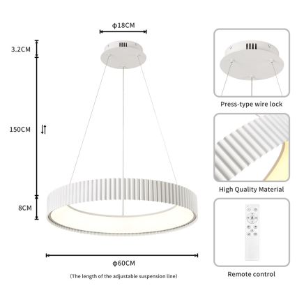 Brilagi - Dæmpbar LED-pendel på wire FALCON MODERN LED/54W/230V Ø 60 cm hvid + fjernbetjening