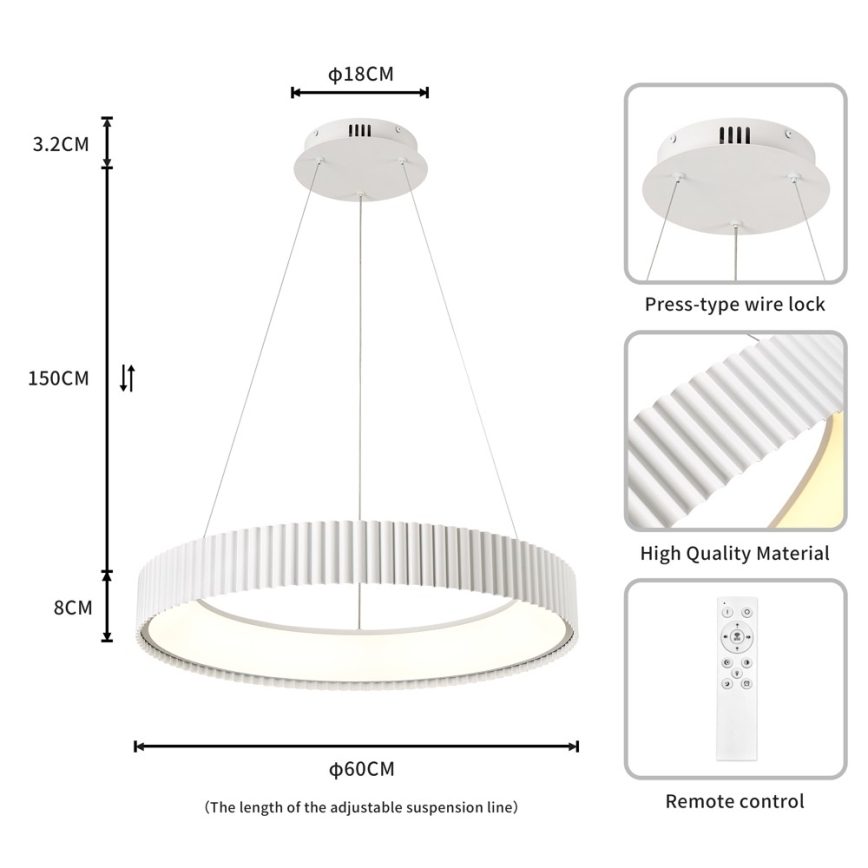 Brilagi - Dæmpbar LED-pendel på wire FALCON MODERN LED/54W/230V Ø 60 cm hvid + fjernbetjening