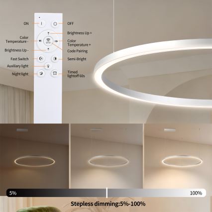 Brilagi - Dæmpbar LED-lysekrone med wireophæng PORTOFINO LED/60W/230V 3000-6000K Ø 80 cm sølv + fjernbetjening
