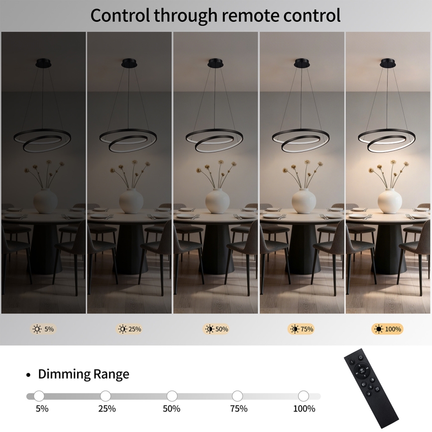 Brilagi - LED-dæmpbar pendel på wire TWISTER LED/48W/230V 3000–6000K Ø 50 cm sort + fjernbetjening