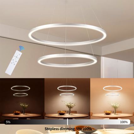 Brilagi - Dæmpbar LED-pendel på stålwire PORTOFINO LED/98W/230V 3000–6000K Ø 80 cm sølv + fjernbetjening