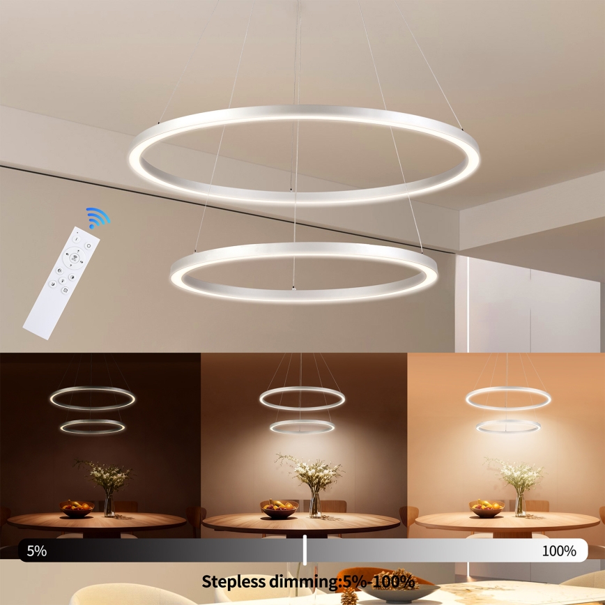 Brilagi - Dæmpbar LED-pendel på stålwire PORTOFINO LED/98W/230V 3000–6000K Ø 80 cm sølv + fjernbetjening