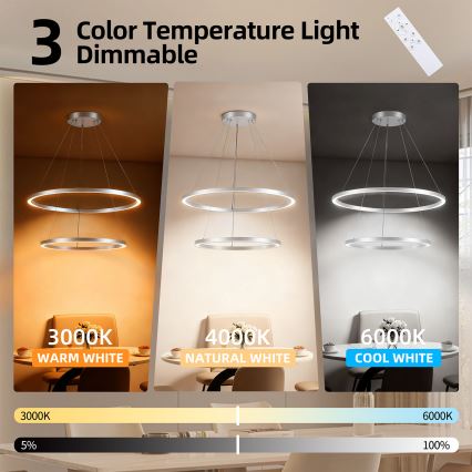 Brilagi - Dæmpbar LED-pendel på stålwire PORTOFINO LED/98W/230V 3000–6000K Ø 80 cm sølv + fjernbetjening