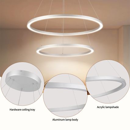 Brilagi - Dæmpbar LED-pendel på stålwire PORTOFINO LED/98W/230V 3000–6000K Ø 80 cm sølv + fjernbetjening