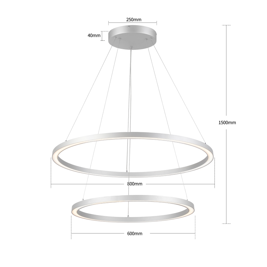 Brilagi - Dæmpbar LED-pendel på stålwire PORTOFINO LED/98W/230V 3000–6000K Ø 80 cm sølv + fjernbetjening