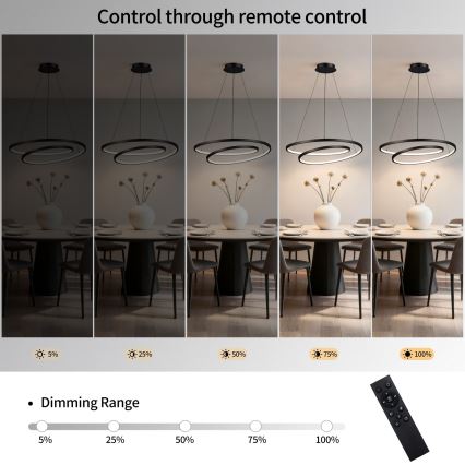 Brilagi - LED dæmpbar pendel på wire TWISTER LED/75W/230V 3000-6000K Ø 70 cm sort + fjernbetjening
