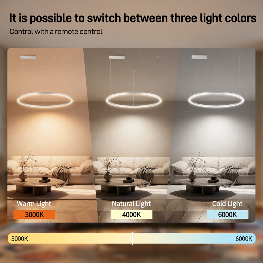 Brilagi - LED dæmpbar pendel på wire PORTOFINO LED/60W/230V 3000-6000K Ø 80 cm sølv + fjernbetjening