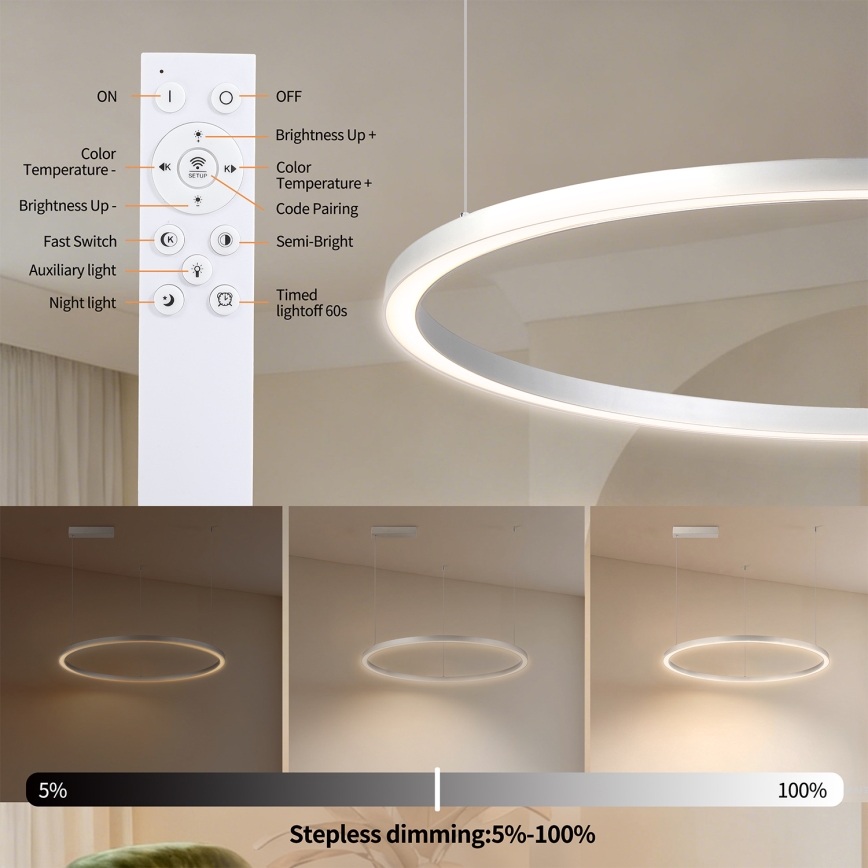 Brilagi - LED dæmpbar pendel på wire PORTOFINO LED/60W/230V 3000-6000K Ø 80 cm sølv + fjernbetjening