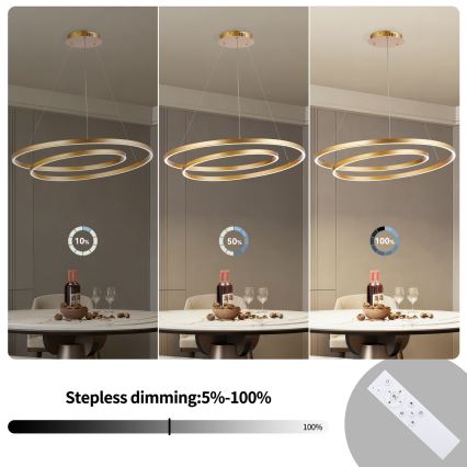 Brilagi - LED-dæmpbar pendel på wire TWISTER LED/105W/230V 3000–6000K Ø 100 cm guld + fjernbetjening