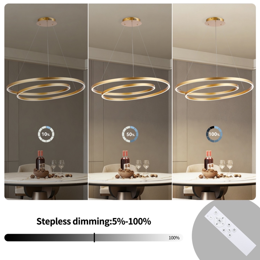 Brilagi - LED-dæmpbar pendel på wire TWISTER LED/105W/230V 3000–6000K Ø 100 cm guld + fjernbetjening