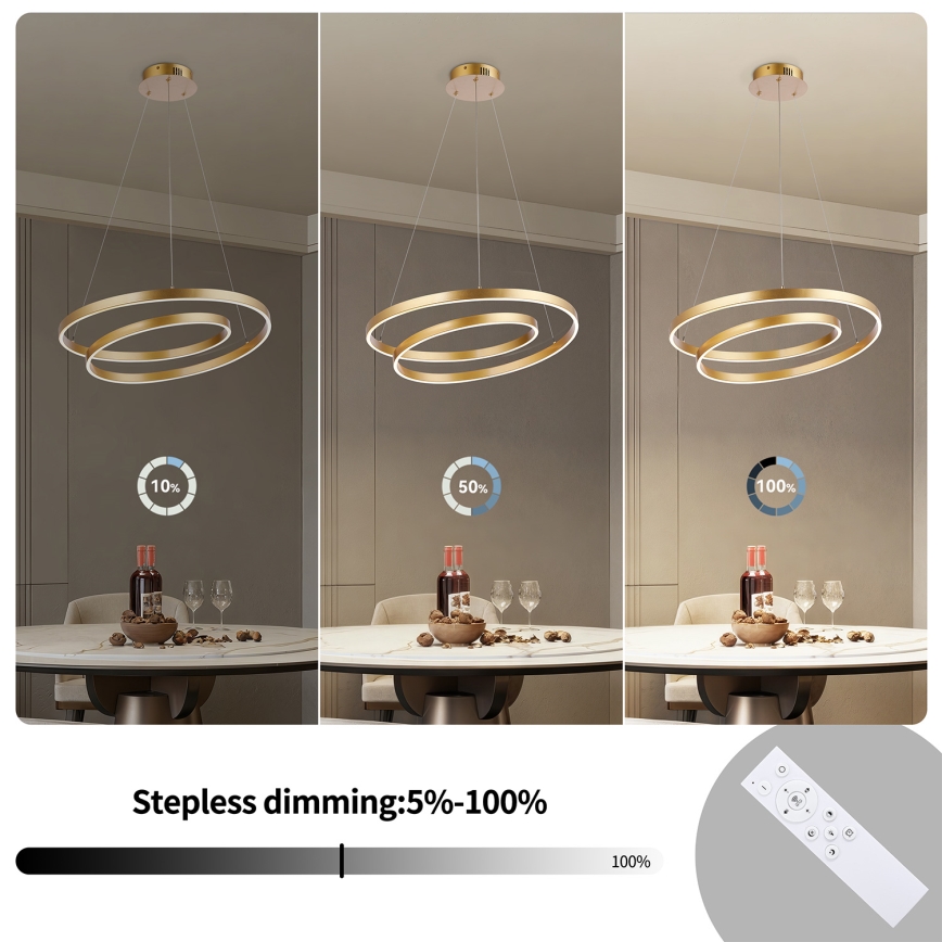 Brilagi - Dæmpbar LED-pendel på wire TWISTER LED/48W/230V 3000–6000K Ø 50 cm guld + fjernbetjening