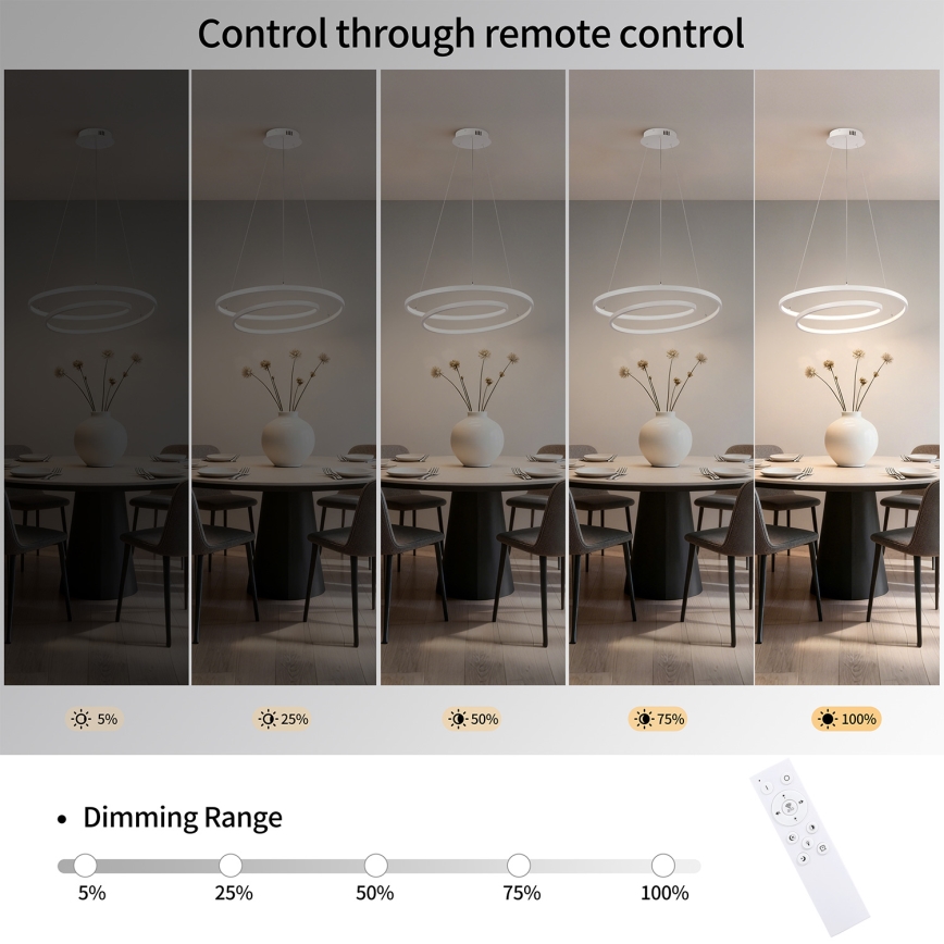 Brilagi - LED-dæmpbar pendel med kabelophæng TWISTER LED/48W/230V 3000–6000K Ø 50 cm hvid + fjernbetjening
