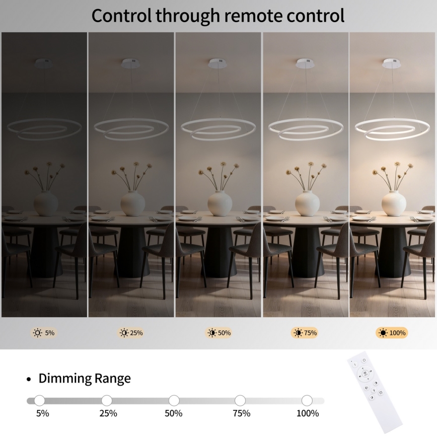Brilagi - LED dæmpbar pendel på wire TWISTER LED/75W/230V 3000-6000K Ø 70 cm hvid + fjernbetjening