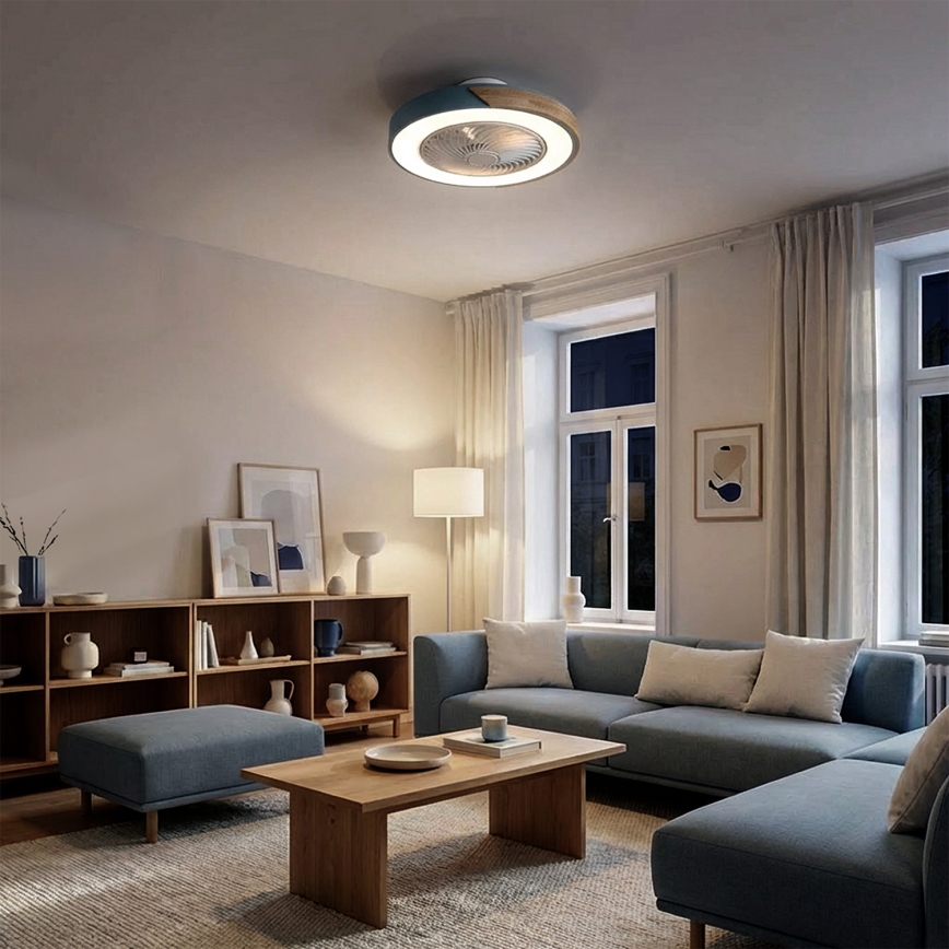 Brilagi - LED Dæmpbar loftlampe med ventilator LED/38W/230V 3000-6500K 3000-6500K pr. 50 cm blå/eg + fjernbetjening