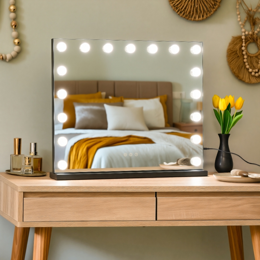 BRILAGI - LED dæmpbart make-up-spejl HOLLYWOOD LED/15W/230V CCT + 2x USB 60x50 cm sort
