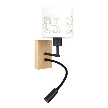 Brilagi - LED fleksibel børnevæglampe BOBO WOOD 1xE27/25W/230V + LED/3W eg/sort/hvid/enhjørninger
