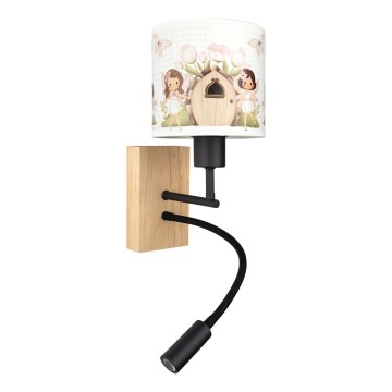Brilagi - LED fleksibel børnevæglampe BOBO WOOD 1xE27/25W/230V + LED/3W eg/sort/hvid/rosa/feer