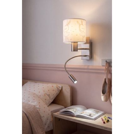 Brilagi - LED fleksibel børnevæglampe BOBO 1xE27/25W/230V + LED/3W mat krom/hvid/kaniner