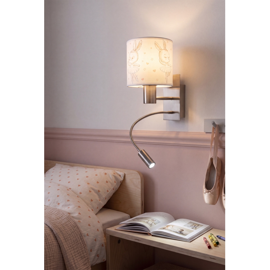 Brilagi - LED fleksibel børnevæglampe BOBO 1xE27/25W/230V + LED/3W mat krom/hvid/kaniner