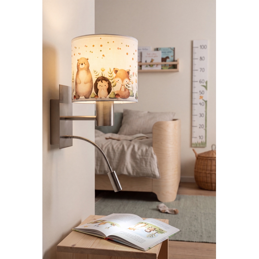 Brilagi - LED fleksibel børnevæglampe BOBO 1xE27/25W/230V + LED/3W mat krom/hvid/med dyremotiv