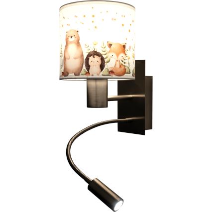 Brilagi - LED fleksibel børnevæglampe BOBO 1xE27/25W/230V + LED/3W mat krom/hvid/med dyremotiv