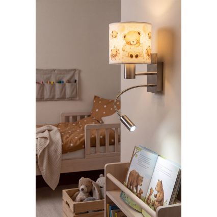 Brilagi - LED fleksibel børnevæglampe BOBO 1xE27/25W/230V + LED/3W mat krom/hvid/bamser