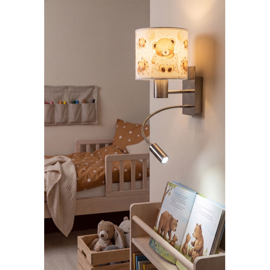 Brilagi - LED fleksibel børnevæglampe BOBO 1xE27/25W/230V + LED/3W mat krom/hvid/bamser