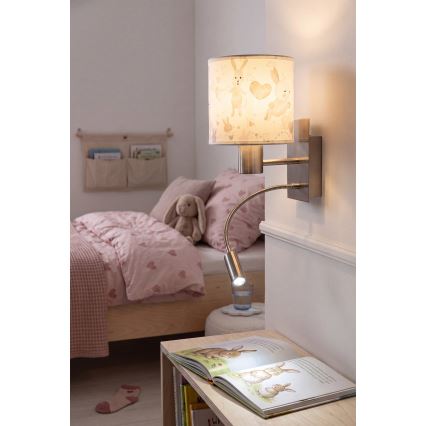 Brilagi - LED fleksibel børnevæglampe BOBO 1xE27/25W/230V + LED/3W mat krom/hvid/kaniner