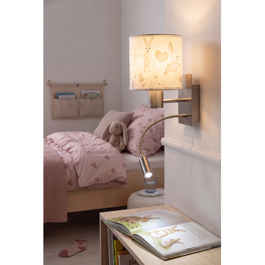 Brilagi - LED fleksibel børnevæglampe BOBO 1xE27/25W/230V + LED/3W mat krom/hvid/kaniner