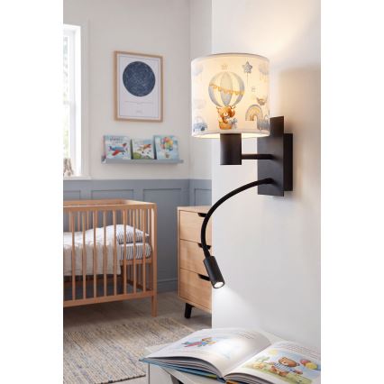 Brilagi - LED fleksibel børnevæglampe BOBO 1xE27/25W/230V + LED/3W sort/hvid/blå/bamser