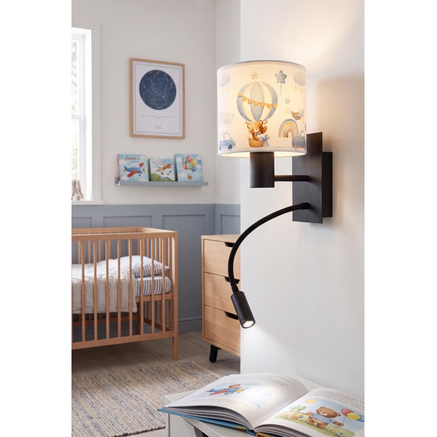 Brilagi - LED fleksibel børnevæglampe BOBO 1xE27/25W/230V + LED/3W sort/hvid/blå/bamser