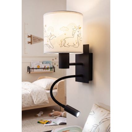 BRILAGI - LED fleksibel børnevæglampe BOBO 1xE27/25W/230V + LED/3W sort/hvid/enhjørninger