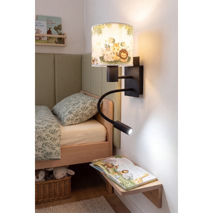 Brilagi - LED fleksibel børnevæglampe BOBO 1xE27/25W/230V + LED/3W sort/hvid/grøn/junglemotiv