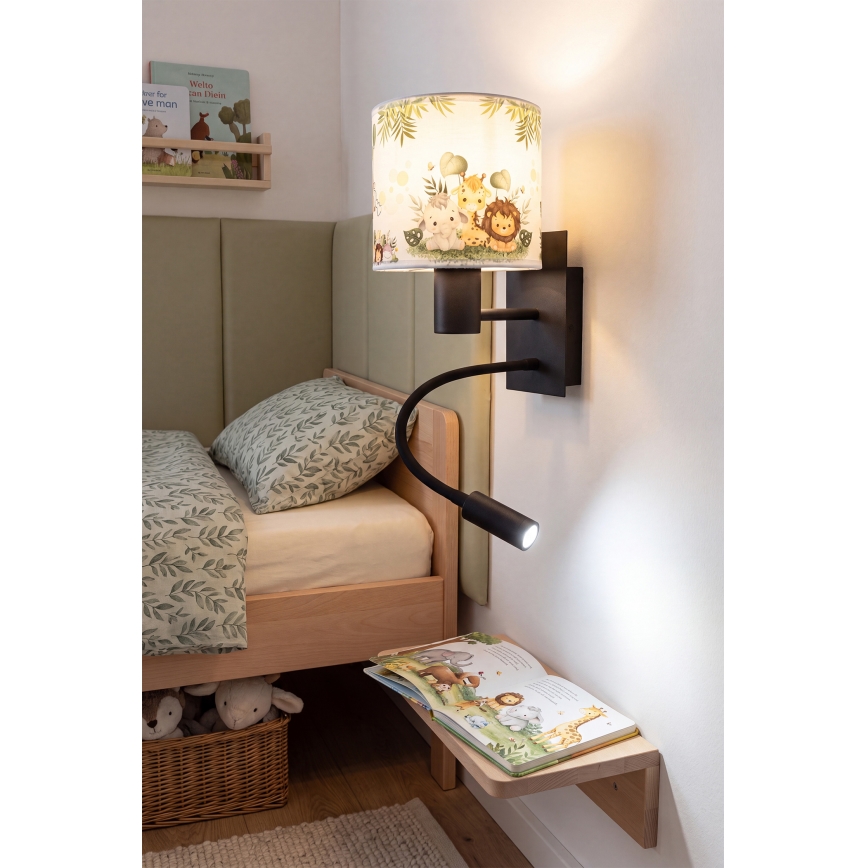 Brilagi - LED fleksibel børnevæglampe BOBO 1xE27/25W/230V + LED/3W sort/hvid/grøn/junglemotiv