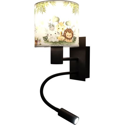 Brilagi - LED fleksibel børnevæglampe BOBO 1xE27/25W/230V + LED/3W sort/hvid/grøn/junglemotiv