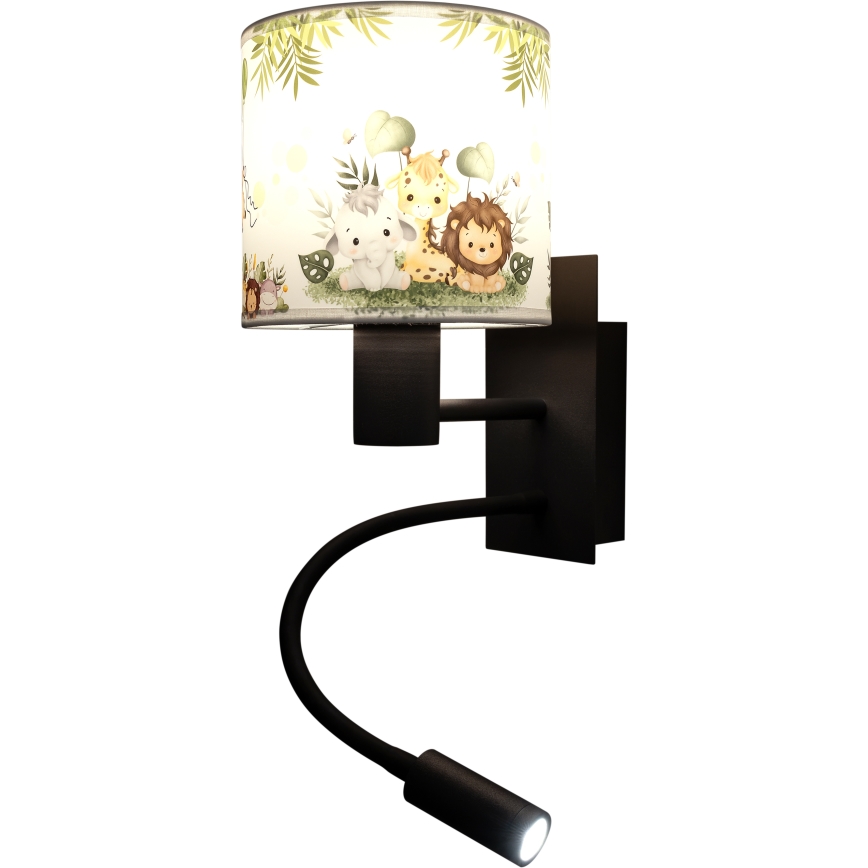 Brilagi - LED fleksibel børnevæglampe BOBO 1xE27/25W/230V + LED/3W sort/hvid/grøn/junglemotiv