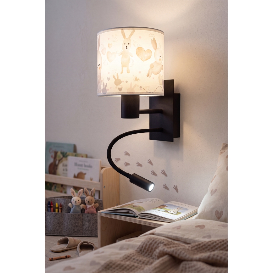 Brilagi - LED fleksibel børnevæglampe BOBO 1xE27/25W/230V + LED/3W sort/hvid/kaniner