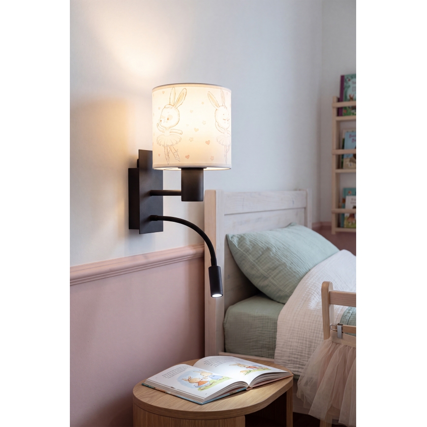 Brilagi - LED fleksibel børnevæglampe BOBO 1xE27/25W/230V + LED/3W sort/hvid/kaniner