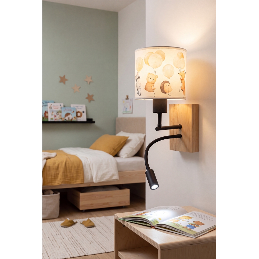 Brilagi - LED fleksibel børnevæglampe BOBO WOOD 1xE27/25W/230V + LED/3W eg/sort/hvid/dyremotiv