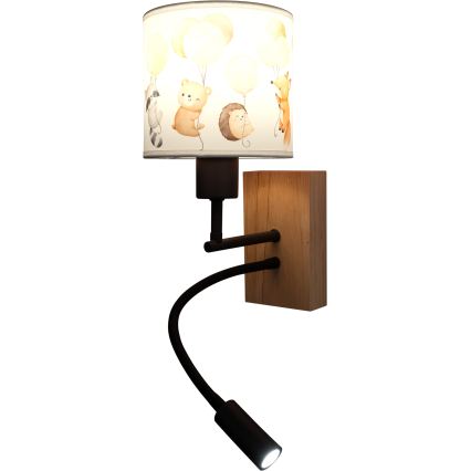 Brilagi - LED fleksibel børnevæglampe BOBO WOOD 1xE27/25W/230V + LED/3W eg/sort/hvid/dyremotiv