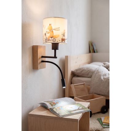 Brilagi - LED fleksibel væglampe til børn BOBO WOOD 1xE27/25W/230V + LED/3W eg/sort/hvid/dyremotiver