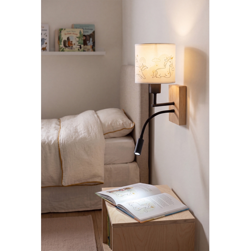 Brilagi - LED fleksibel børnevæglampe BOBO WOOD 1xE27/25W/230V + LED/3W eg/sort/hvid/enhjørninger