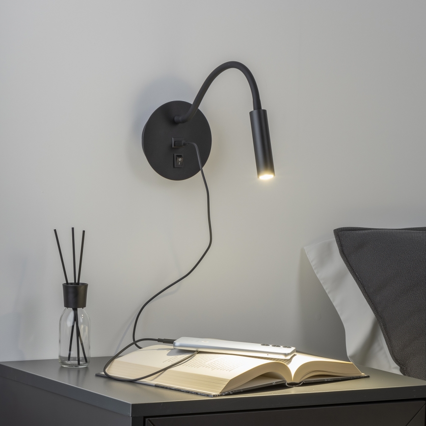 Brilagi - LED Fleksibel væglampe med USB-port MAYA LED/3W/230V 4000K sort