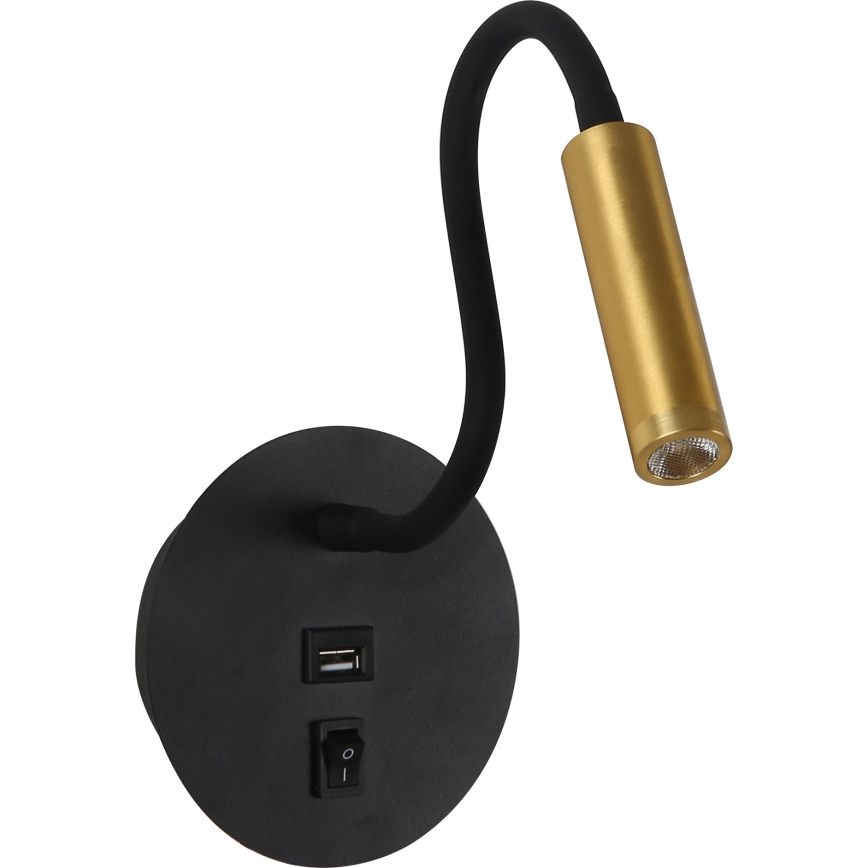 Brilagi - LED Fleksibel væglampe med USB-port MAYA LED/3W/230V 4000K sort/guldfarvet