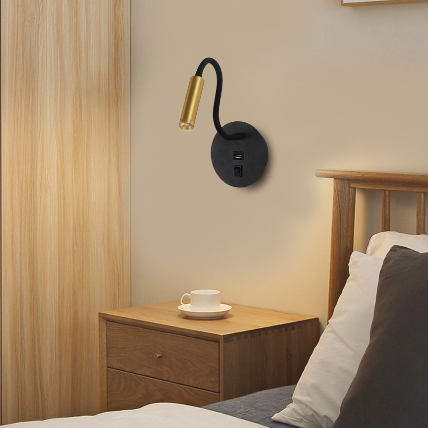 Brilagi - LED Fleksibel væglampe med USB-port MAYA LED/3W/230V 4000K sort/guldfarvet