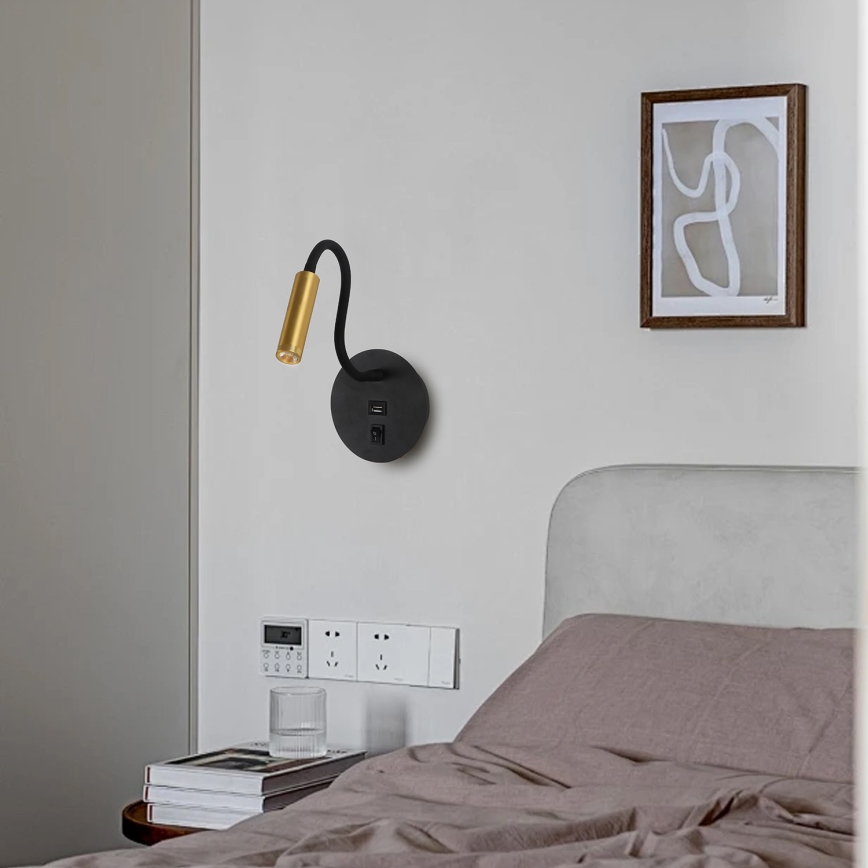 Brilagi - LED Fleksibel væglampe med USB-port MAYA LED/3W/230V 4000K sort/guldfarvet